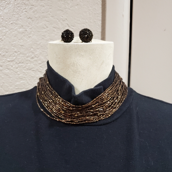 Vintage Beaded Choker Necklace and Clip-on Earring